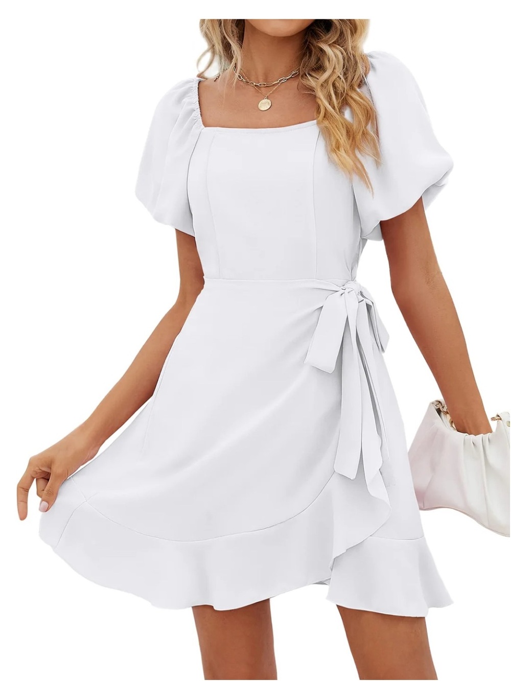 Square-Neck Puff Sleeve Tie-Waist Mini Dress in White